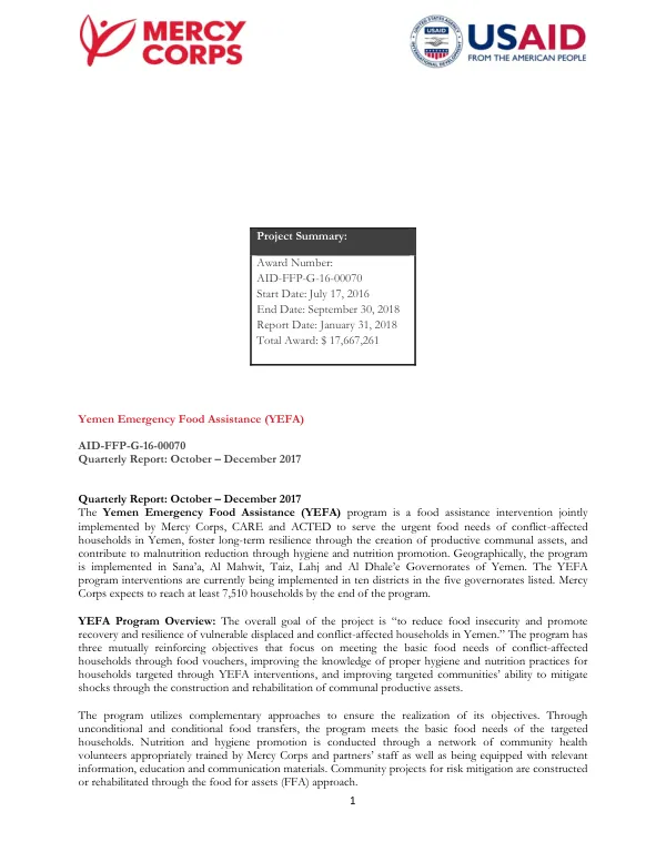 Yemen Emergency Food Assistance (YEFA) Quarterly Report: October – December 2017