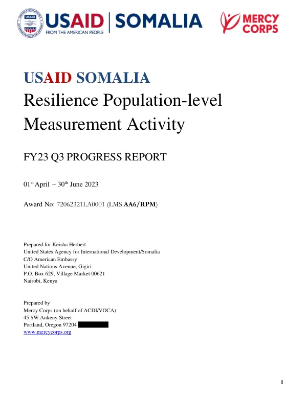 FY23 Q4 PROGRESS REPORT: Resilience Population-level Measurement Activity (RPM)