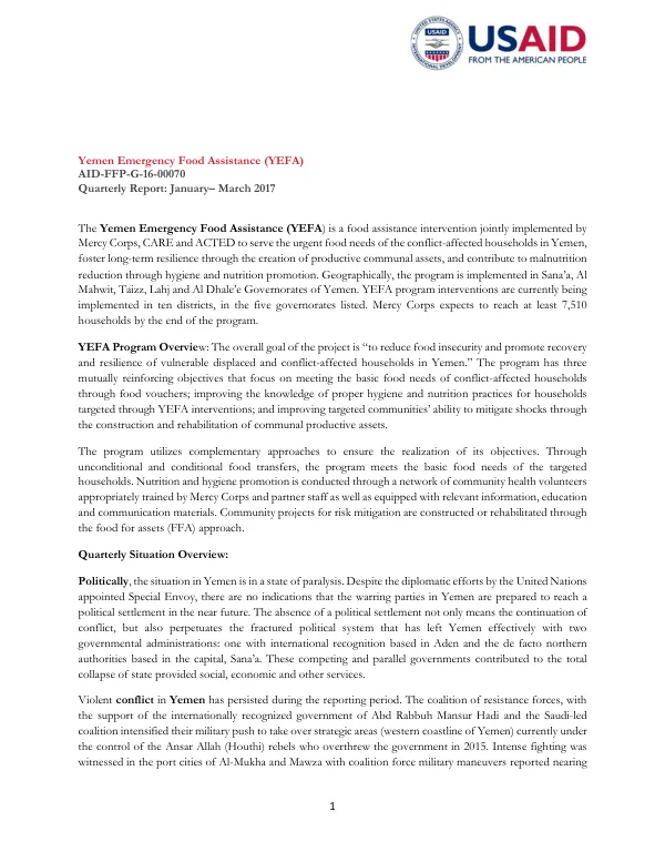 Yemen Emergency Food Assistance (YEFA) Quarterly Report: January– March 2017
