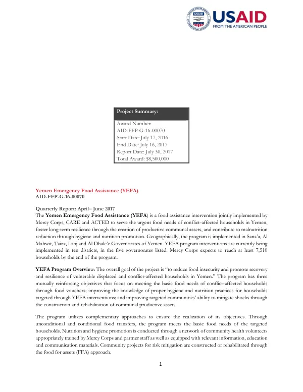 Yemen Emergency Food Assistance (YEFA) Quarterly Report: April– June 2017