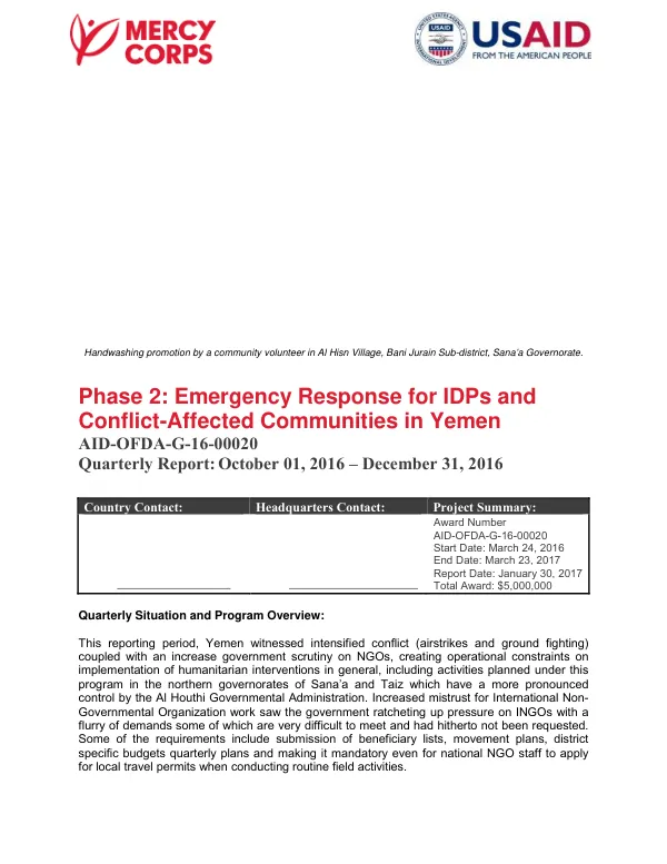 Quarterly Report: October 01, 2016 – December 31, 2016, Phase 2: Emergency Response for IDPs and Conflict-Affected Communities in Yemen