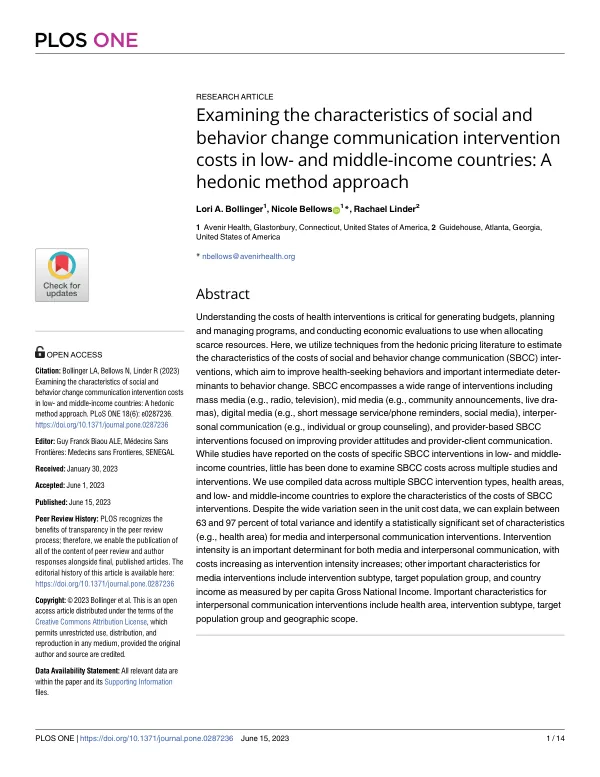 Examining the characteristics of social and behavior change communication intervention costs in low- and middle-income countries: A hedonic method approach