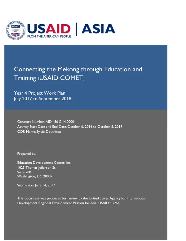 Year 4 Project Work Plan for Connecting the Mekong through Education and Training (USAID COMET)