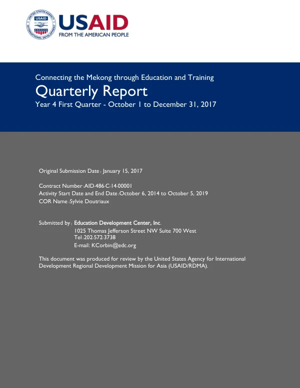 Connecting the Mekong through Education and Training Quarterly Report Year 4 First Quarter - October 1 to December 31, 2017