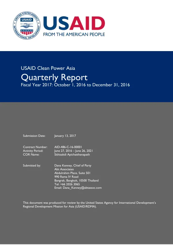 USAID Clean Power Asia Quarterly Report Fiscal Year 2017: October 1, 2016 to December 31, 2016