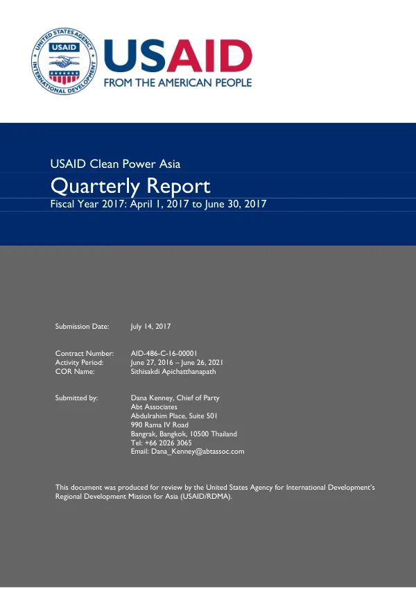 USAID Clean Power Asia Quarterly Report Fiscal Year 2017: April 1, 2017 to June 30, 2017