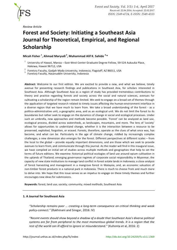 Forest and Society: Initiating a Southeast Asia Journal for Theoretical, Empirical, and Regional Scholarship