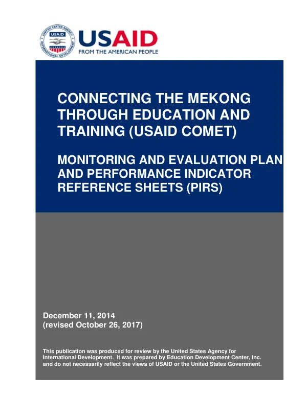 USAID COMET Monitoring and Evaluation Plan and Performance Indicator Reference Sheets (PIRS)