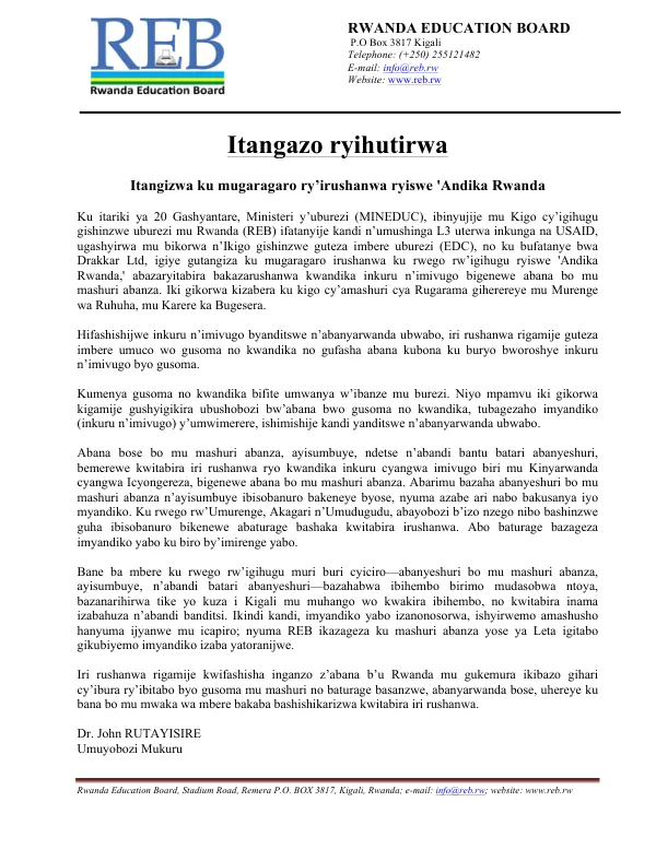 Andika Rwanda: Irushanwa ry'igihugu ryiswe 'Andika Rwanda' ryashinzwe na L3 na USAID