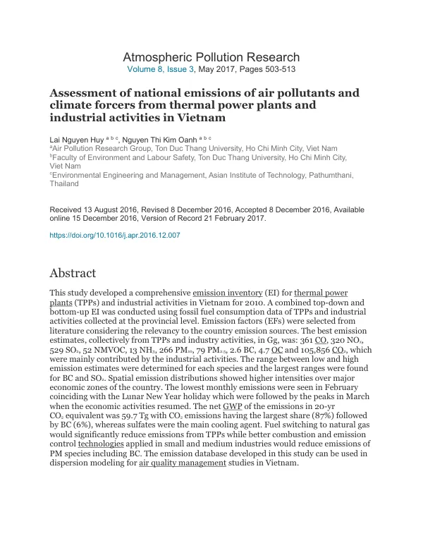 Assessment of national emissions of air pollutants and climate forcers from thermal power plants and industrial activities in Vietnam