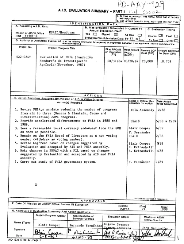 Evaluation of FHIA (Fundacion Hondurena de Investigacion Agricola) (November, 1987)