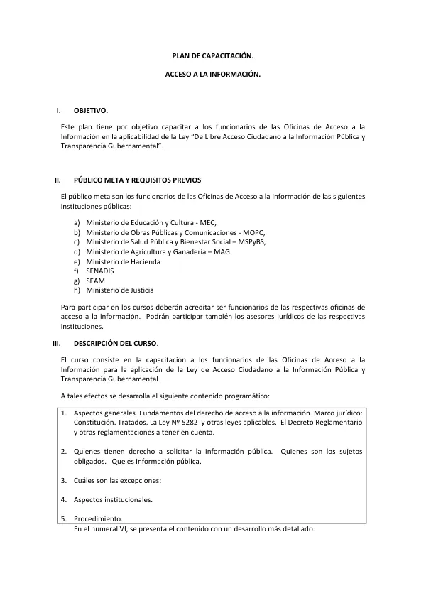 PLAN DE CAPACITACIÓN. ACCESO A LA INFORMACIÓN