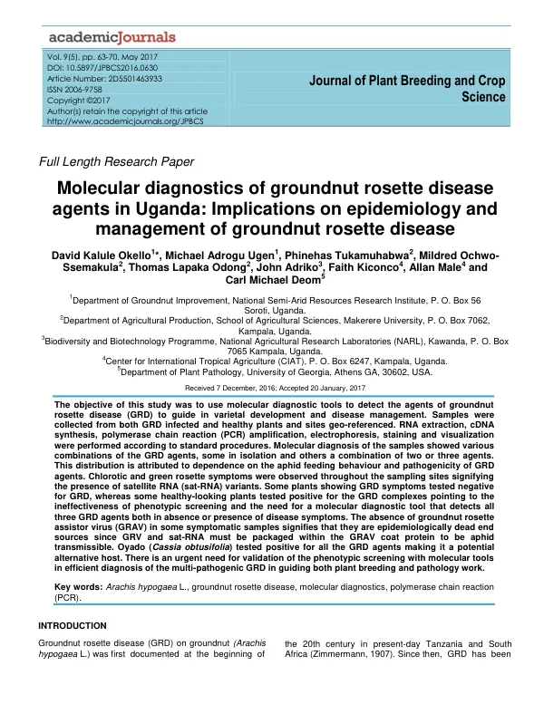 Molecular diagnostics of groundnut rosette disease agents in Uganda: Implications on epidemiology and management of groundnut rosette disease
