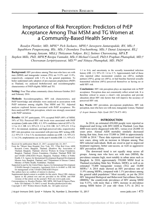 Importance of HIV Risk Perception: Predictors of PrEP Acceptance Among Thai MSM and TG Women at a Community-Based Health Service