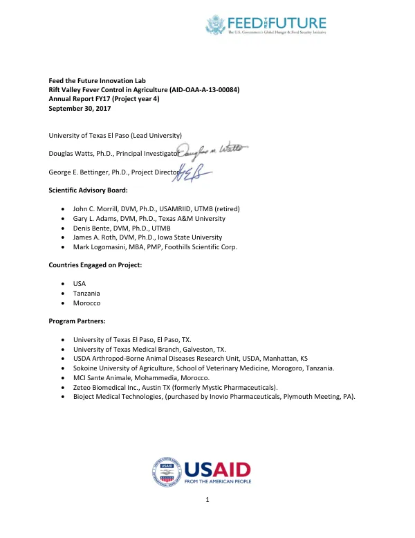 Rift Valley Fever Control in Agriculture (AID-OAA-A-13-00084) Annual Report FY17 (Project year 4)