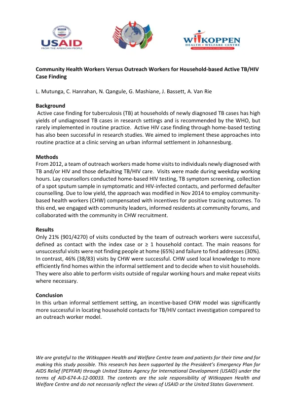 Community Health Workers Versus Active Case Finding for Household-based Active TB/HIV Case Finding