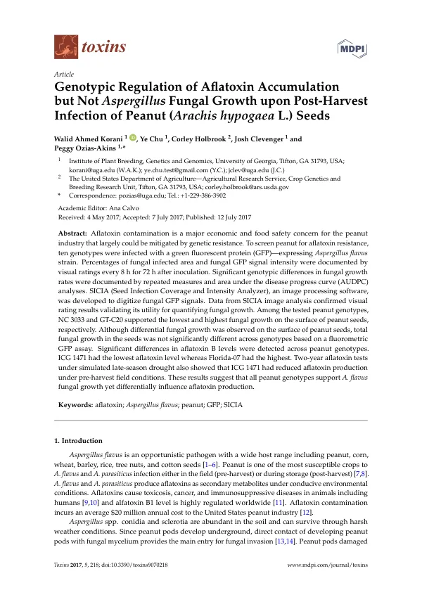 Genotypic Regulation of Aflatoxin Accumulation but Not Aspergillus Fungal Growth upon Post-Harvest Infection of Peanut (Arachis hypogaea L.) Seeds