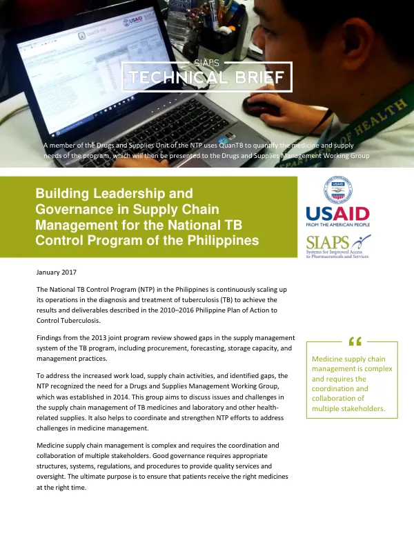 Building Leadership and Governance in Supply Chain for the National TB Control Program of the Philippines