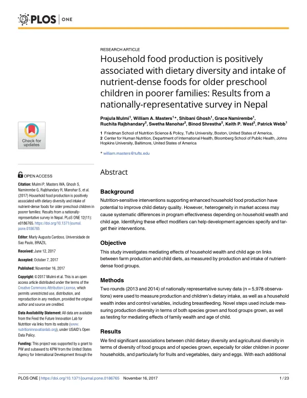 Household food production is positively associated with dietary diversity and intake of nutrient-dense foods for older preschool children in poorer families: Results from a nationally-representative survey in Nepal