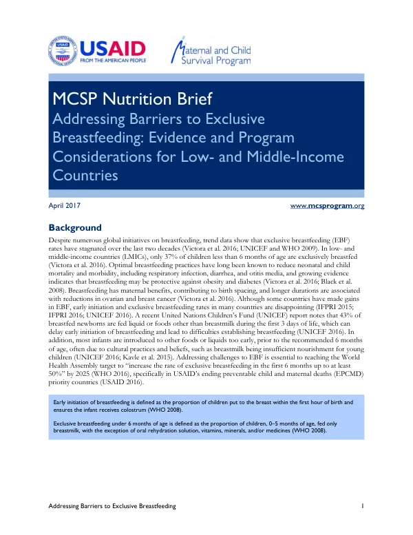 MCSP Nutrition Brief: Addressing Barriers to Exclusive Breastfeeding: Evidence and Program Considerations for Low- and Middle-Income Countries
