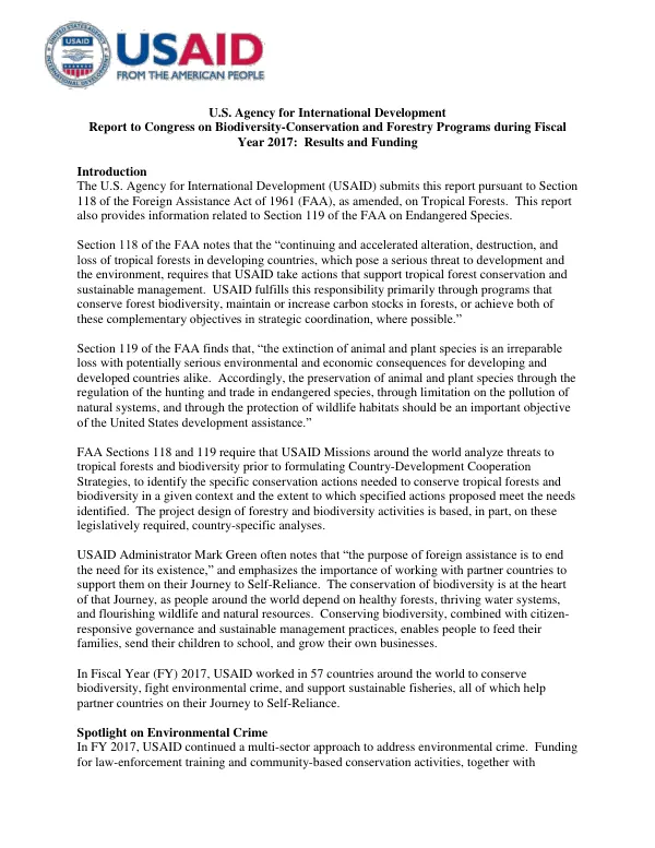 Report to Congress on Biodiversity-Conservation and Forestry Programs during Fiscal Year 2017: Results and Funding