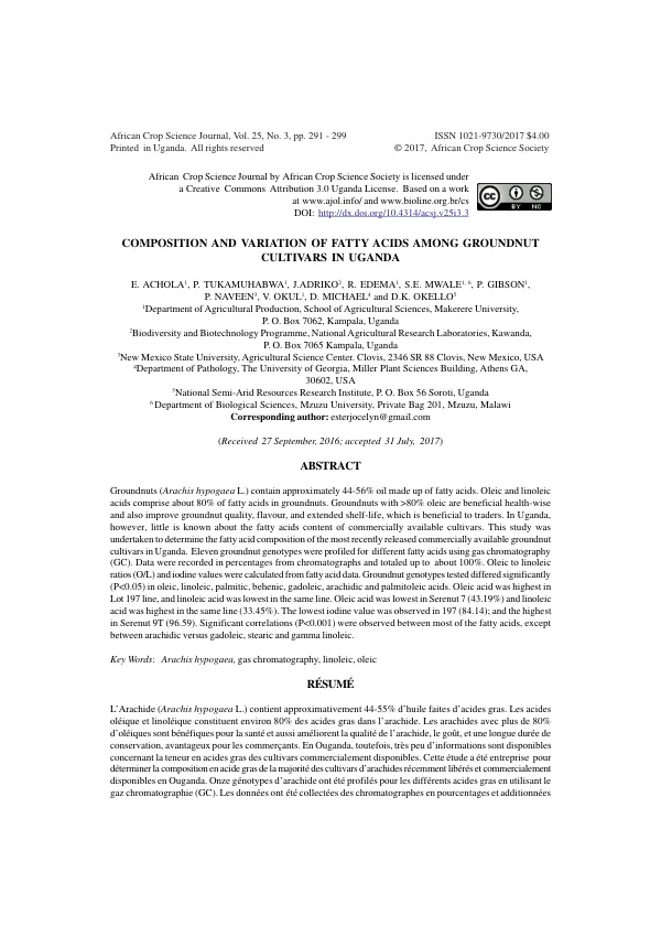 Composition and variation of fatty acids among groundnut cultivars in Uganda