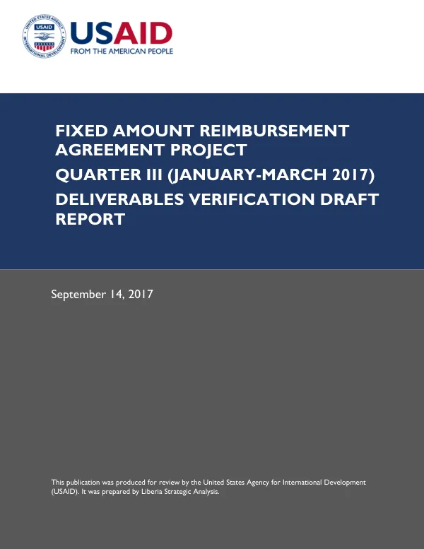 Fixed Amount Reimbursement Agreement Project Quarter III (January-March 2017) Deliverables Verification Draft Report