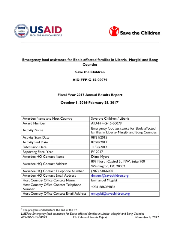 LIBERIA: Emergency food assistance for Ebola affected families in Liberia- Margibi and Bong Counties FY17 Annual Results Report