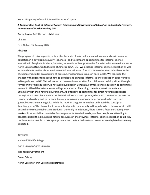 A Comparative Look at Informal Science Education and Environmental Education in Bengkulu Province, Indonesia and North Carolina, USA