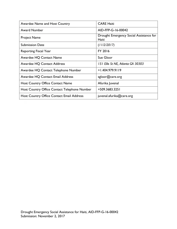 Drought Emergency Social Assistance for Haiti, AID-FFP-G-16-00042