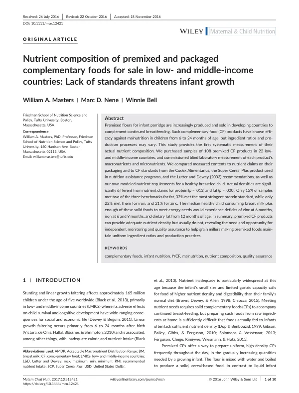 Nutrient composition of premixed and packaged complementary foods for sale in low- and middle-income countries: Lack of standards threatens infant growth