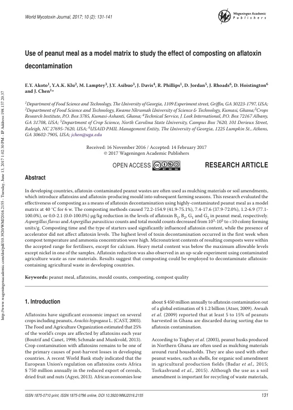World Mycotoxin Journal: Use of peanut meal as a model matrix to study the effect of composting on aflatoxin decontamination