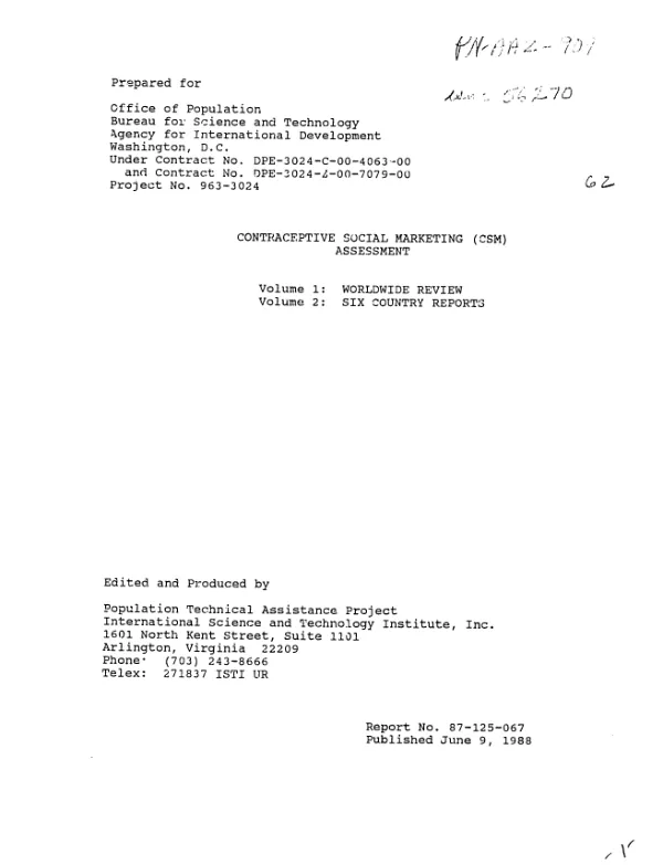Contraceptive social marketing (CSM) assessment