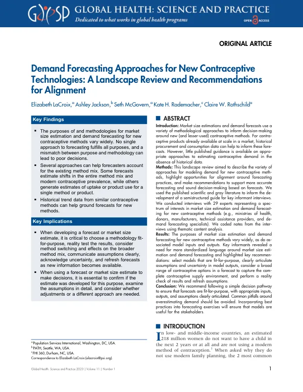 Demand Forecasting Approaches for New Contraceptive Technologies: A Landscape Review and Recommendations for Alignment