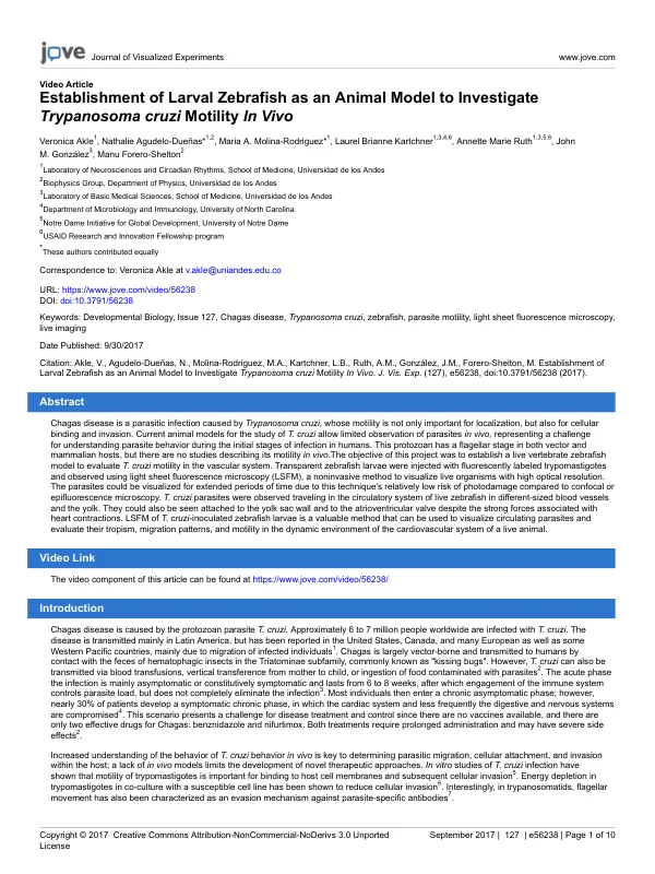 Establishment of Larval Zebrafish as an Animal Model to Investigate Trypanosoma cruzi Motility In Vivo