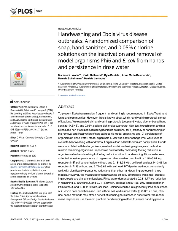 Handwashing and Ebola virus disease outbreaks: A randomized comparison of soap, hand sanitizer, and 0.05% chlorine solutions on the inactivation and removal of model organisms Phi6 and E. coli from hands and persistence in rinse water