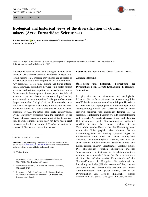 Ecological and historical views of the diversification of Geositta miners (Aves: Furnariidae: Sclerurinae)
