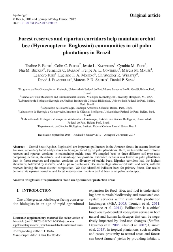 Orchid Bees in Oil Palm Plantations: Forest Reserves and Riparian Corridors Maintain Biodiversity