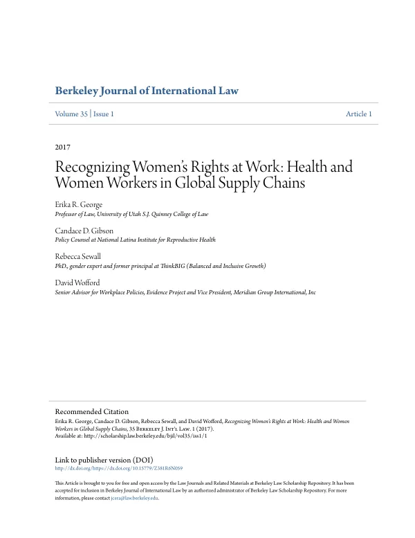 Recognizing Women’s Rights at Work: Health and Women Workers in Global Supply Chains