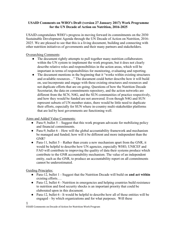 USAID Comments on Decade of Action for Nutrition Work Program