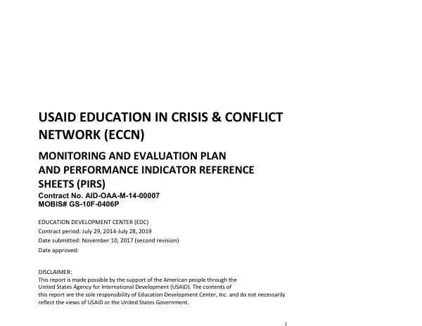 USAID Education in Crisis & Conflict Network (ECCN) Monitoring and Evaluation Plan and Performance Indicator Reference Sheets (PIRS)