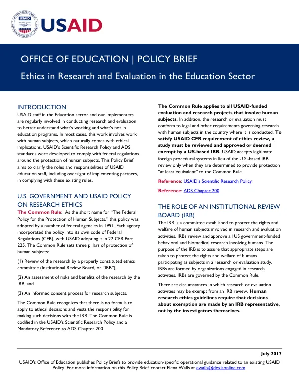 Ethics in Research and Evaluation in the Education Sector