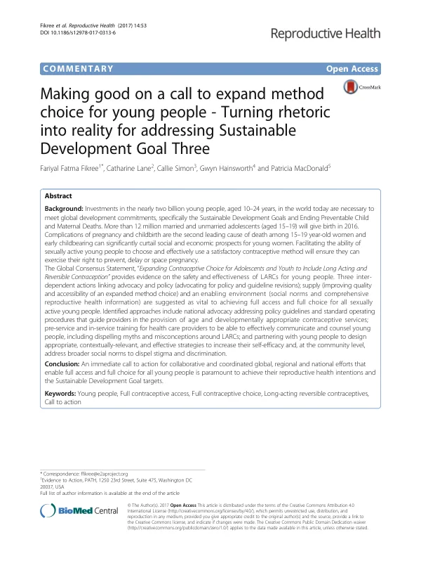 Making good on a call to expand method choice for young people - Turning rhetoric into reality for addressing Sustainable Development Goal Three