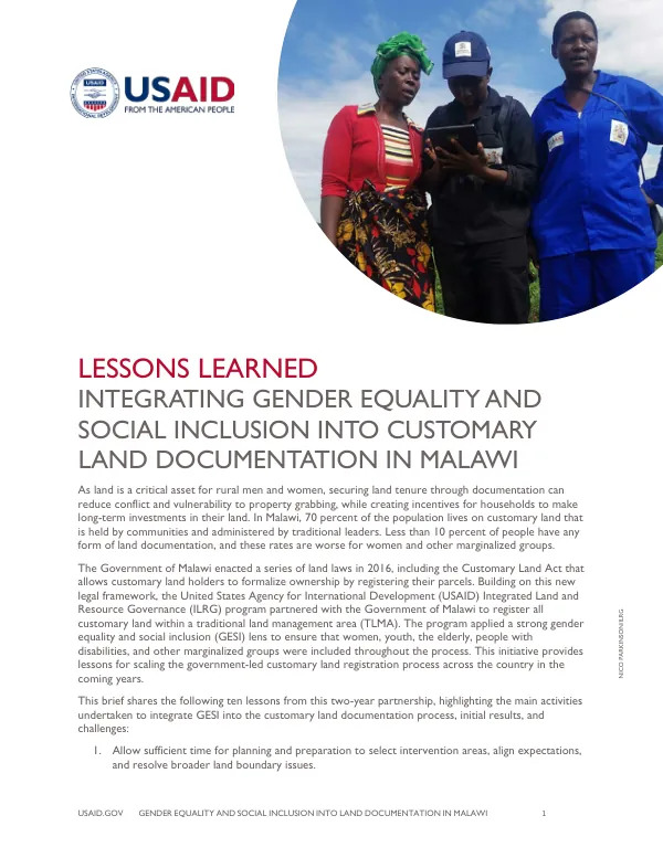 Lessons Learned: Integrating Gender Equality and Social Inclusion into Customary Land Documentation in Malawi