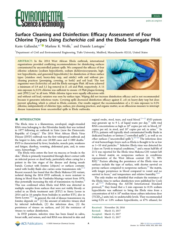 Research on Surface Disinfection of Four Chlorine Types Using Escherichia coli and the Ebola Surrogate Phi6