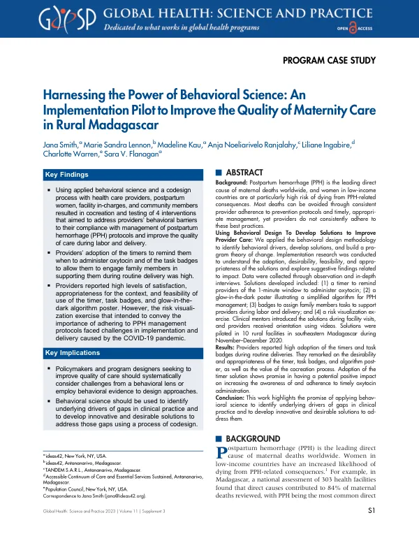 Harnessing the Power of Behavioral Science: An Implementation Pilot to Improve the Quality of Maternity Care in Rural
