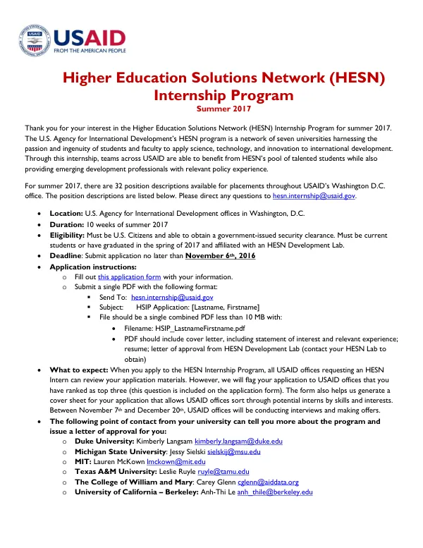 Higher Education Solutions Network (HESN) Internship Program Summer 2017