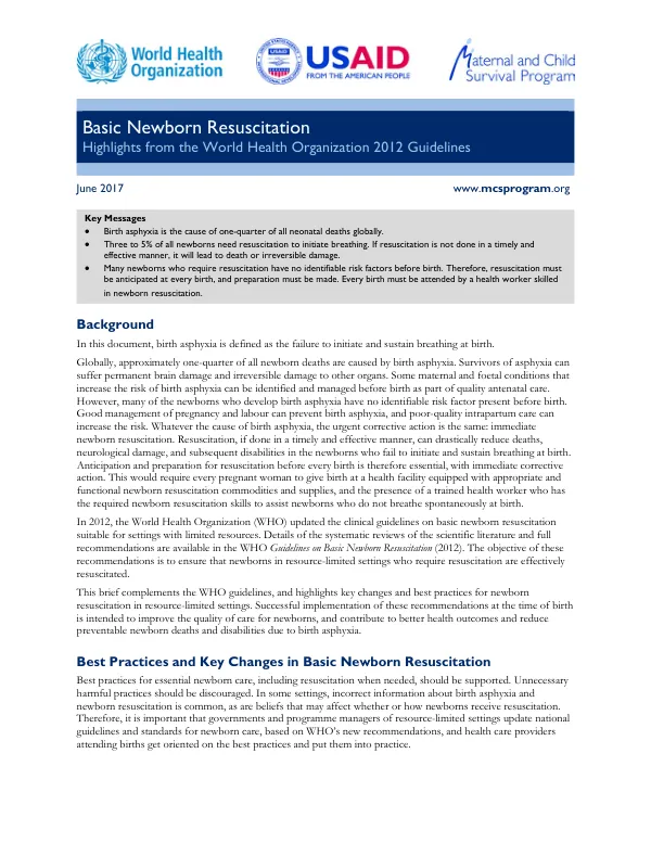 Basic Newborn Resuscitation: Highlights from the World Health Organization 2012 Guidelines