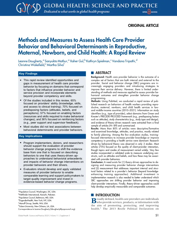 Methods and Measures to Assess Health Care Provider Behavior and Behavioral Determinants in Reproductive, Maternal, Newborn, and Child Health: A Rapid Review