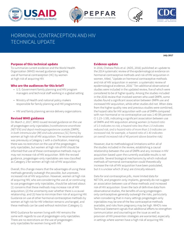 Hormonal Contraception and HIV Technical Update
